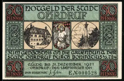 Notgeld Ohrdruf 1921, 50 Pfennig, Gründung der Stadt durch Bonifatius und Bau einer Kapelle