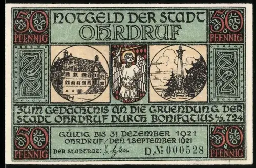 Notgeld Ohrdruf 1921, 50 Pfennig, Gründung durch Bonifatius und Vogel bringt Fisch im Gebet