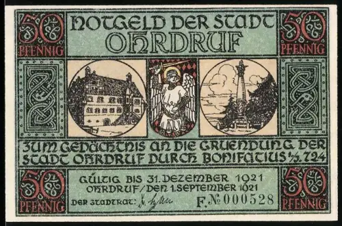 Notgeld Ohrdruf 1921, 50 Pfennig, Gründung durch Bonifatius, Ortsansicht mit Thüringer Wald