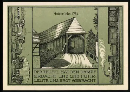 Notgeld Wünschendorf a.d. Elster 1921, 50 Pfennig, Holzbrücke und Dampflokomotive, Storch mit Jungvögeln im Wappen