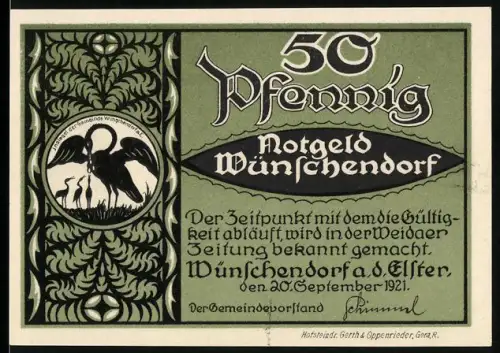 Notgeld Wünschendorf a.d.Elster 1921, 50 Pfennig, Störche und Flösserei-Motive