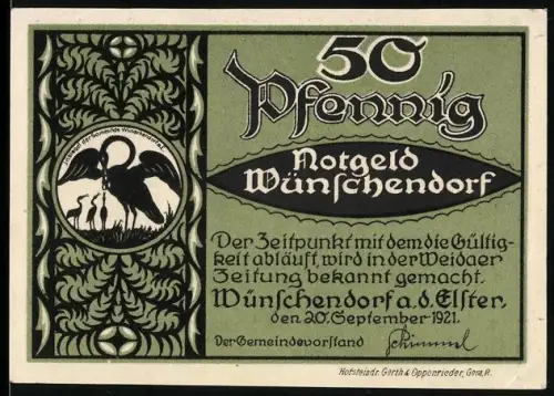 Notgeld Wünschendorf a.d. Elster 1921, 50 Pfennig, Storch und Prämonstratenser Kloster Mildenfurth