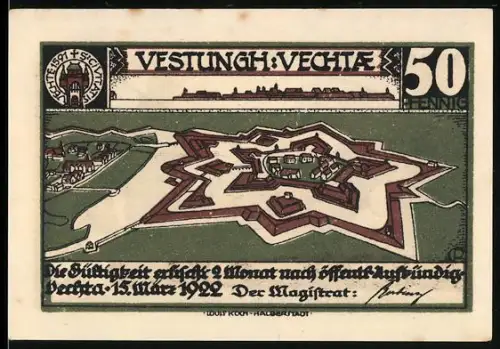 Notgeld Vechta 1922, 50 Pfennig, Festung und Soldaten mit Hund