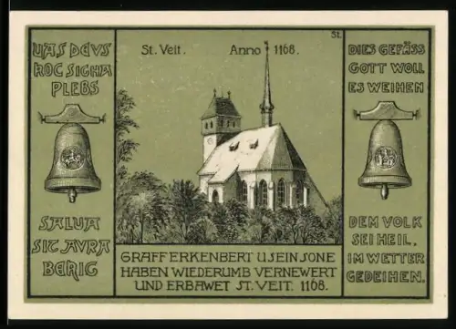 Notgeld Wünschendorf a.d. Elster 1921, 50 Pfennig, Kirche St. Veit und Glocken, Storch mit Küken im Nest