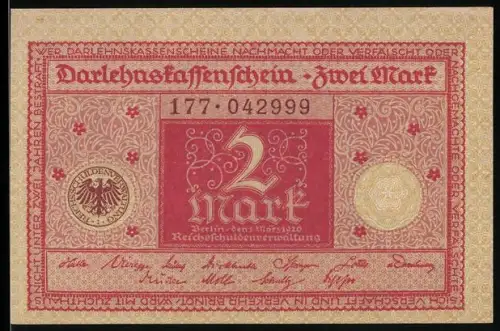 Notgeld Berlin 1920, 2 Mark, Reichsadler und florale Ornamente