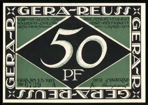 Notgeld Gera 1921, 50 Pf, Frauen beim Spinnen und Weben