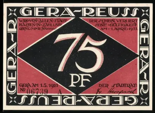 Notgeld Gera 1921, 75 Pf, mythologische Figur mit Fackel und stilisiertem Gebäude