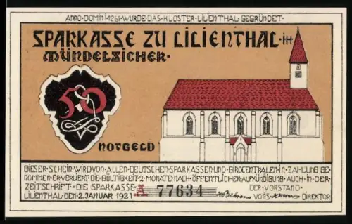 Notgeld Lilienthal i. Mündelsicher 1921, 50 Pfennig, Kirche und Segelboot-Motive
