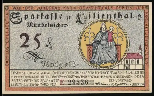 Notgeld Lilienthal i. H. 1921, 25 Pfennig, Jungfrau Maria mit Kind und Landschaftsszenen