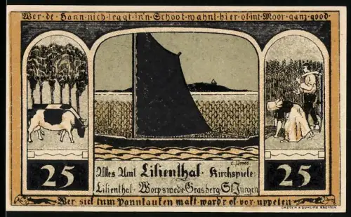 Notgeld Lilienthal 1921, 25 Pfennig, Kuh, Torfkahn und Madonna mit Kind
