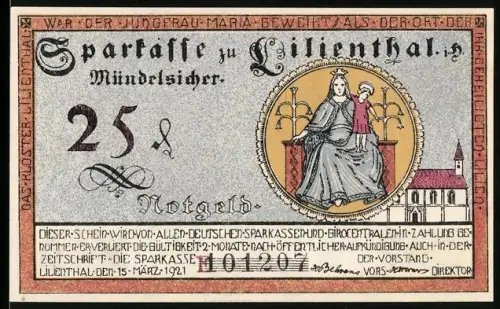 Notgeld Lilienthal i. H. 1921, 25 Pfennig, Madonna mit Kind und ländliche Szenen