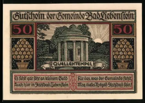 Notgeld Bad Liebenstein, 50 Pfennig, Quellentempel und Ortsansicht