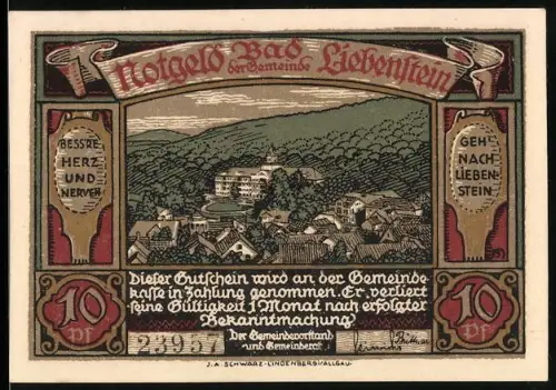 Notgeld Bad Liebenstein 1921, 10 Pf, Ortsansicht und alte Burg mit Denkmälern
