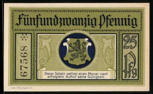 Notgeld Leutenberg 1921, 25 Pfennig, Schloss Friedensburg und Wappen mit Löwe
