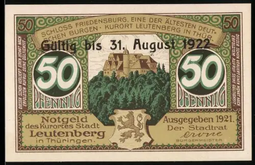 Notgeld Leutenberg 1921, 50 Pfennig, Schloss Friedensburg und Thüringer Köchin mit Speisen