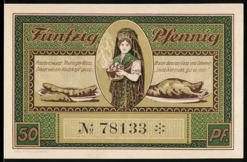 Notgeld Leutenberg 1921, 50 Pfennig, Frau mit Essen und Schloss Friedensburg, Wappen