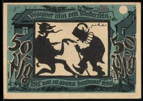 Notgeld Lichtenstein-Callnberg 1921, 50 Pfennig, Silhouette von Tanz und industrielles Motiv mit Bergbau