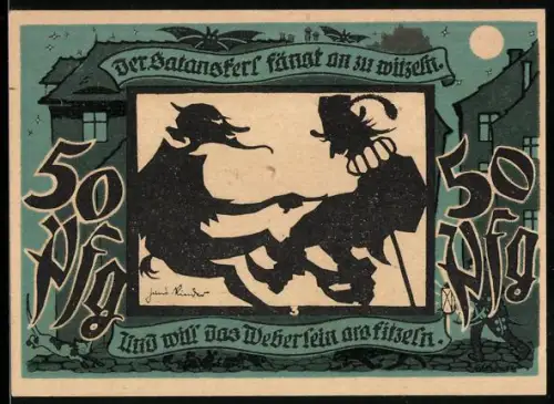 Notgeld Lichtenstein-Callnberg /Sa. 1921, 50 Pfennig, Teufelstanz-Motiv und Ortsansicht mit Industrie und Bergbau
