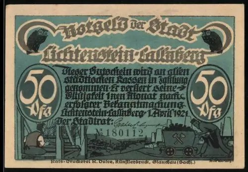 Notgeld Lichtenstein-Callnberg 1921, 50 Pfennig, Bergbau und Sagengestalt mit Wolfsmotiv bei Mondschein