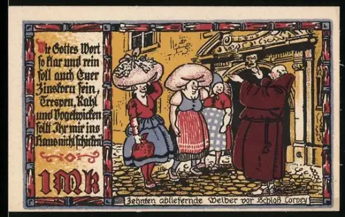 Notgeld Lüchtringen 1921, 1 Mark, Zehntablieferung vor Schloss Corvey und Landschaft mit Burg