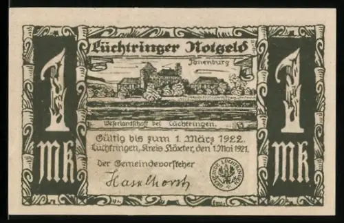 Notgeld Lüchtringen 1921, 1 Mark, Wehrlandshof und Zehnten abliefernde Weiber vor Schloss Corvey