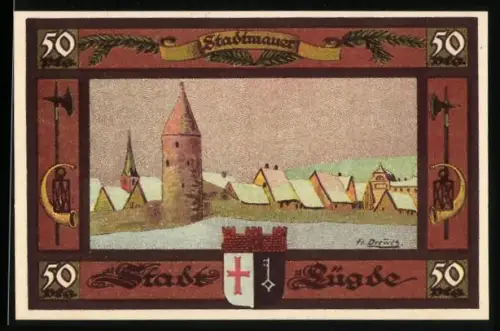 Notgeld Lügde 1921, 50 Pfennig, Stadtmauer und Wappen mit Turm und Schlüssel