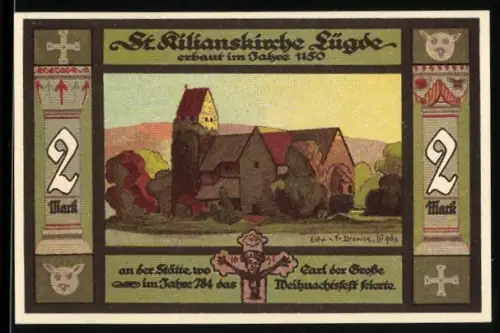 Notgeld Lügde 1921, 2 Mark, St. Kilianskirche und Wappen von Lügde