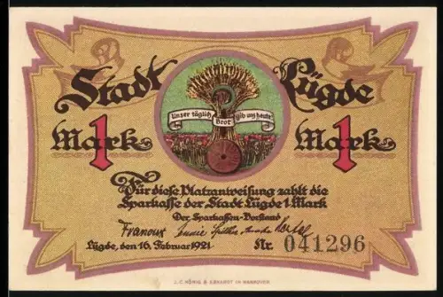Notgeld Lügde 1921, 1 Mark, Getreidebündel und Feuerszene mit Menschenmenge