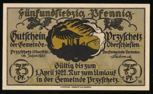 Notgeld Przyschetz /Oberschl. 1921, 75 Pfennig, Adler, Fabrik, Schwert und Schild mit Anker