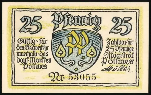 Notgeld Pöttmes, 25 Pfennig, Wappen und Ortsansicht mit Turm und Gebäuden