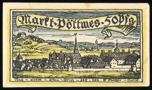 Notgeld Pöttmes, 50 Pfennig, Ortsansicht und Wappen