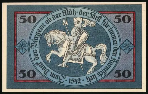 Notgeld Torgau 1921, 50 Pfennig, Ritter auf Pferd und Ortsansicht