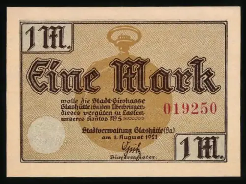 Notgeld Glashütte /Sa. 1921, 1 Mark, Uhr und industrielle Erzeugnisse