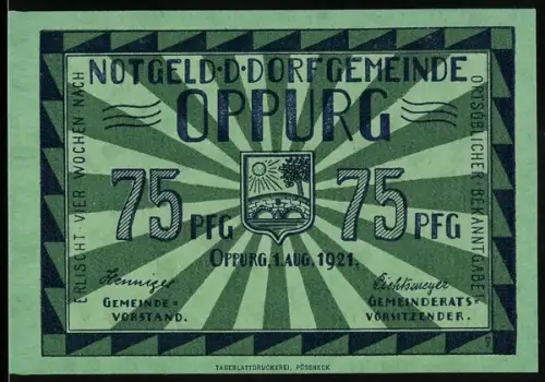 Notgeld Oppurg 1921, 75 Pfennig, Wappen und Schlossdarstellung aus dem 13. Jahrhundert