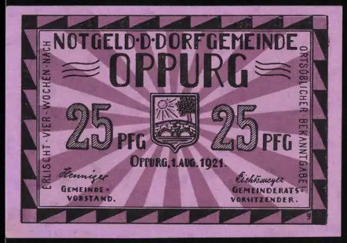 Notgeld Oppurg 1921, 25 Pfennig, Wappen und Alte Orlabrücke aus dem 16. Jahrhundert