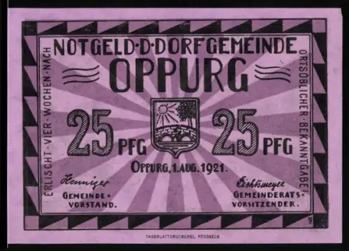 Notgeld Oppurg 1921, 25 Pfg, Wappen und Alte Orlabrücke aus dem 16. Jahrhundert