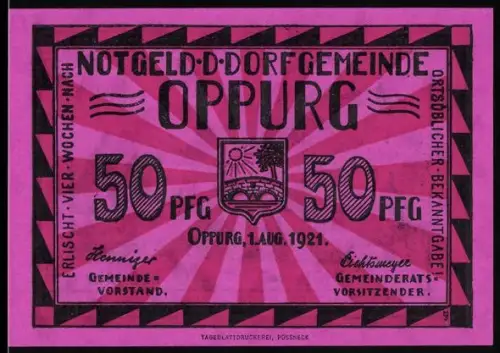Notgeld Oppurg 1921, 50 Pfennig, Wappen und Darstellung des Türkenhofs