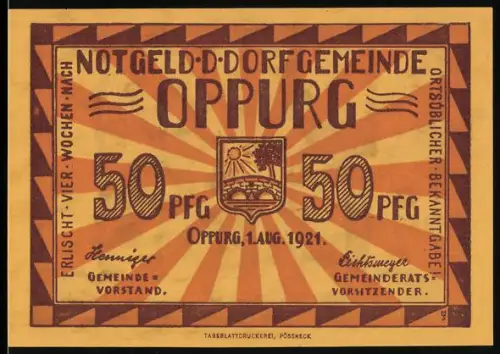 Notgeld Oppurg 1921, 50 Pfennig, Wappen und Kirche von 1694