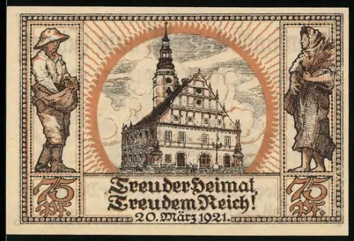 Notgeld Oberglogau /O.-S. 1921, 75 Pfennig, Rathaus und Trachtenfiguren