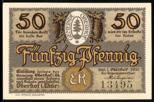 Notgeld Oberhof i. Thür 1921, 50 Pfennig, Skijöring-Motiv mit Waldszene und Wappen