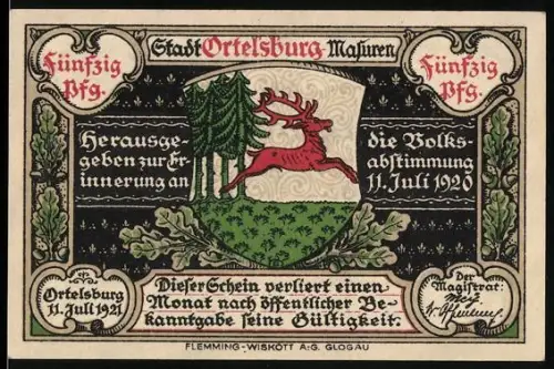 Notgeld Ortelsburg /Masuren, 50 Pfennig, Hirsch und historische Ortsansicht mit Spruchband, 1914