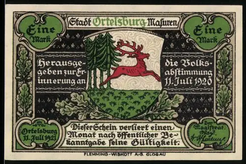Notgeld Ortelsburg i. Masuren 1921, 1 Mark, Hirschwappen und Ortsansicht