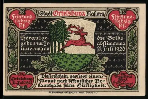Notgeld Ortelsburg i. Masuren 1921, 75 Pf, Hirschwappen und Ortsansicht von 1914