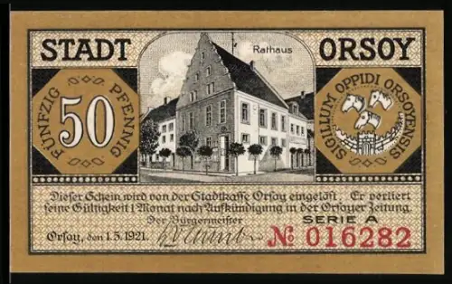 Notgeld Orsoy 1921, 50 Pfennig, Rathaus und Flusslandschaft mit Schiffen und Booten