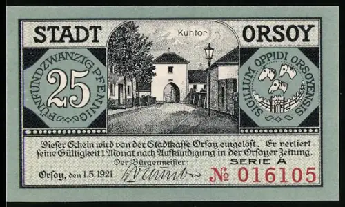 Notgeld Orsoy 1921, 25 Pfennig, Stadttor und Rheinuferansicht mit Booten