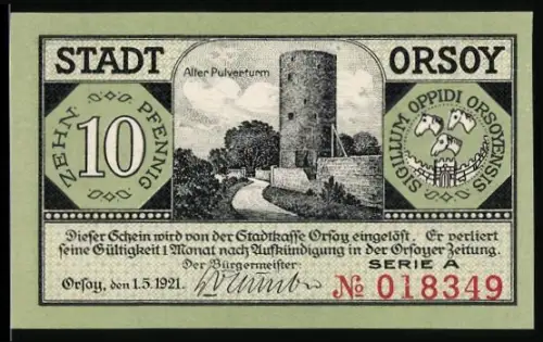 Notgeld Orsoy 1921, 10 Pfennig, Pulverturm und Flusslandschaft mit Booten