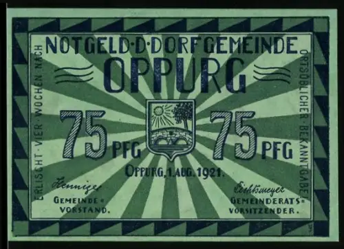 Notgeld Oppurg 1921, 75 Pfennig, Wappen und Schlossturm aus dem 13. Jahrhundert