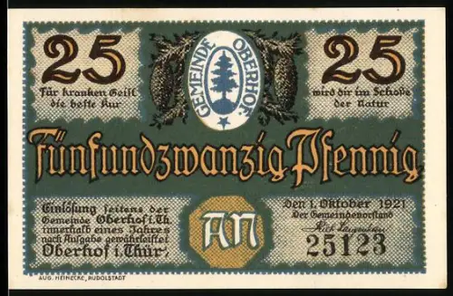Notgeld Oberhof i. Thür. 1921, 25 Pfennig, Bobsleigh-Rennen und Gemeinde-Siegel