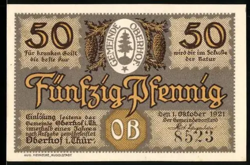 Notgeld Oberhof i. Thür. 1921, 50 Pfennig, Skijöring in verschneitem Wald