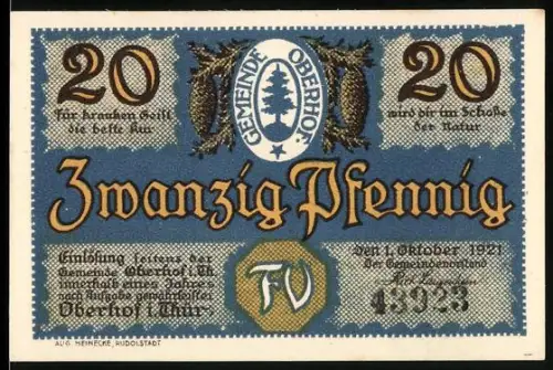 Notgeld Oberhof i.Thür. 1921, 20 Pfennig, Herzog Ernst Denkmal und Wappen mit Tannen